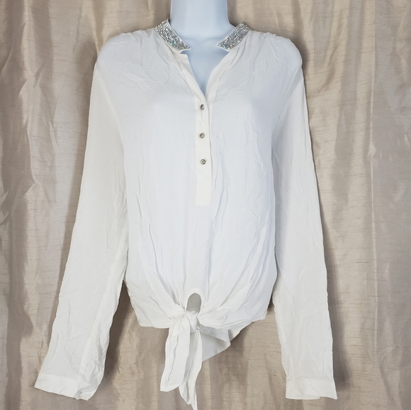 NWT Karen Kane white jeweled collar button down blouse top Womens Large - Picture 5 of 9